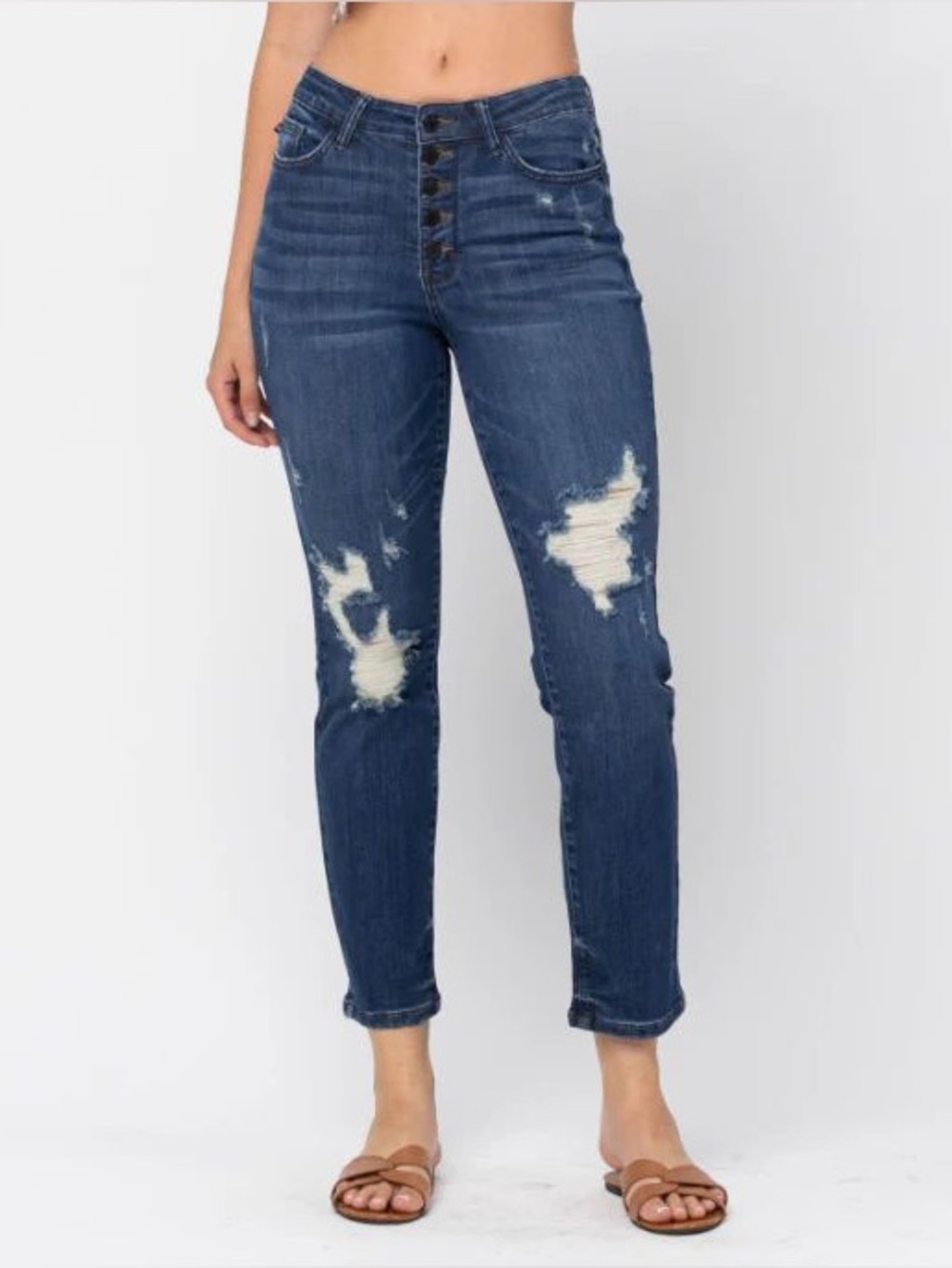 Judy Blue Mid-Rise Distressed Ankle Jeans - Blue
